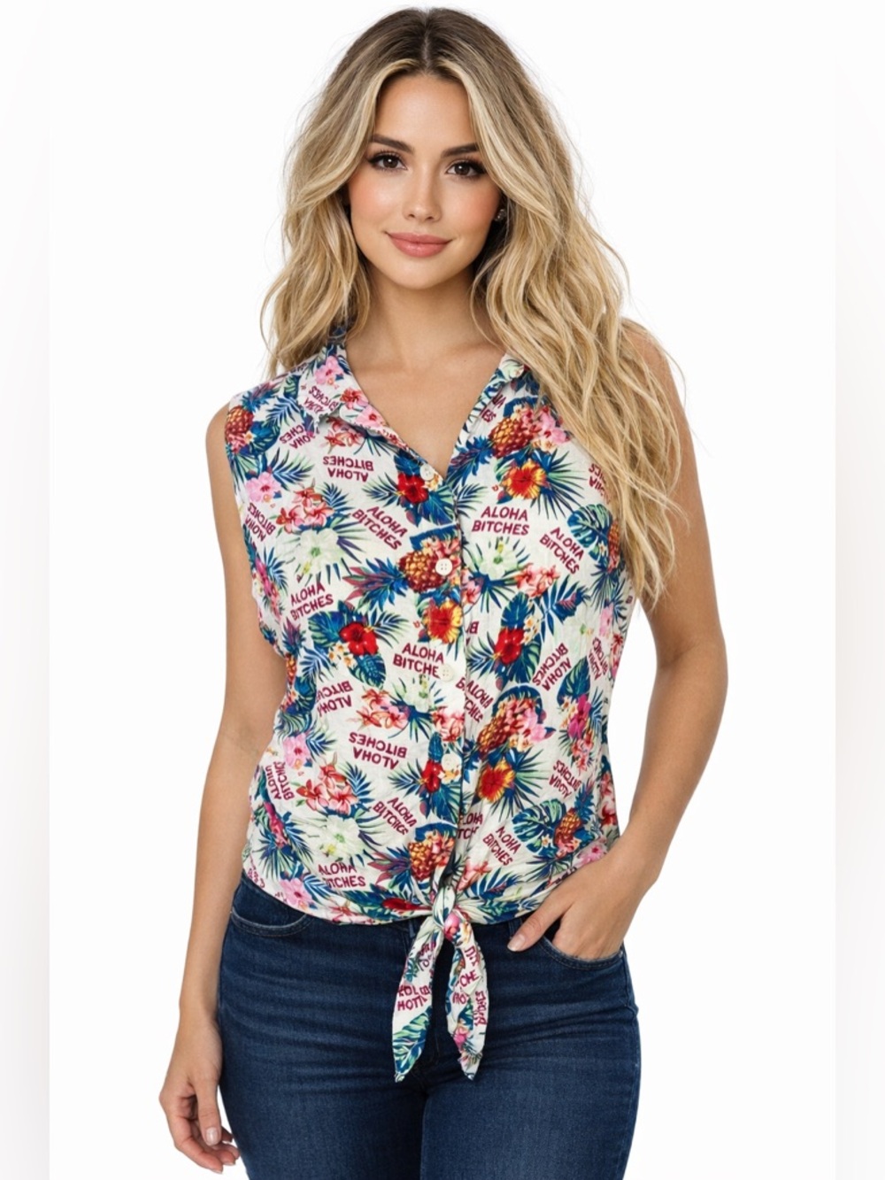Spencer’s Aloha Bitches Hawaiian Tank Top Tie Front Tropical Floral Shirt Small